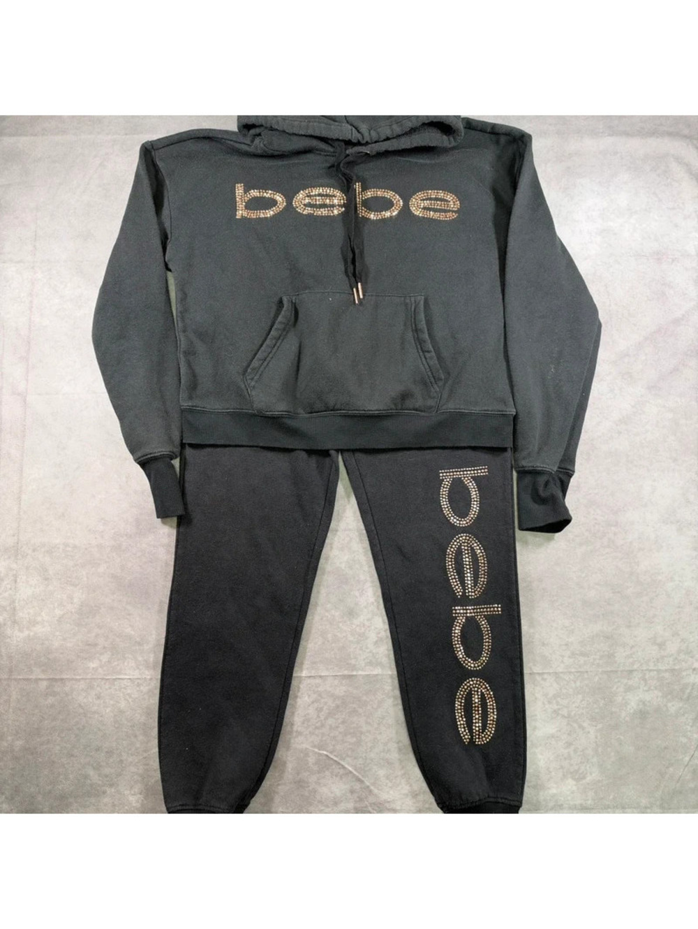 Vintage Bebe Sport Rhinestone Tracksuit Hoodie Joggers Set Black Womens Small
